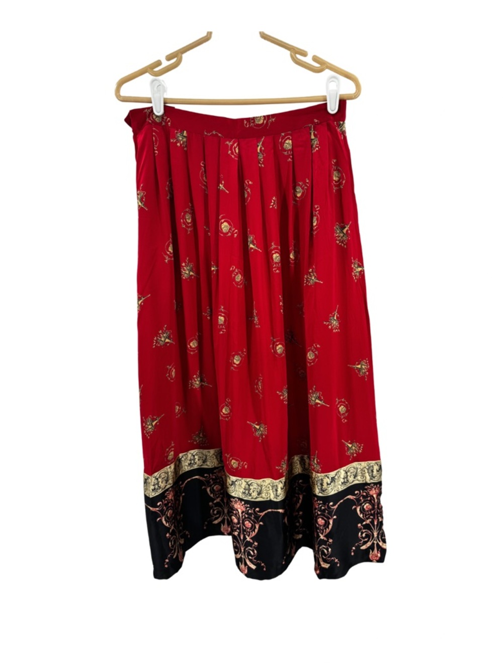 Austin Reed 100% silk Red Pleated Floral-Emblem Midi Skirt pockets 12 preppy